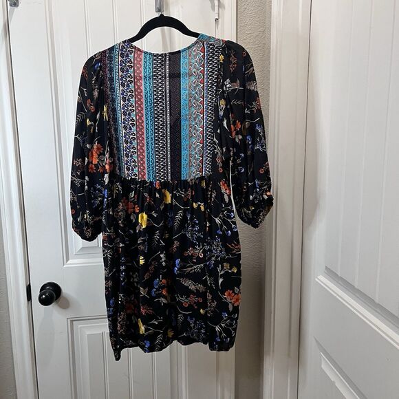 Umgee Floral Boho Peasant Tassels Floral Black Teal Mini Dress Womens Size M NEW - Picture 7 of 10